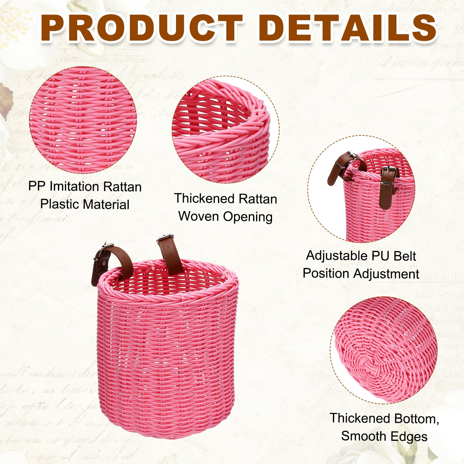 Uxcell Bike Basket, Imitation Rattan Bicycle Basket Adjustable Front Baskets with 2 Leather Belt Buckles Strong Load 7.3 x 7.3 x 8.2" & Pink-Fitting For(Most Bikes/Tricycle/Scooters)