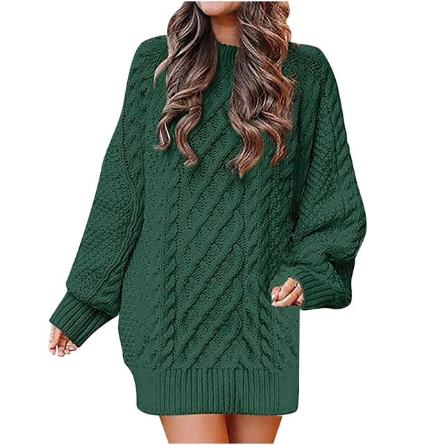 otoño e invierno mujer casaul sólido manga larga tejer cuello redondo suéter vestidos fridja yut1748 color ejercito verde, vista frontal centrada de vestido suéter de punto trenzado con cuello redondo, mangas largas abullonadas, puños y dobladillo acanalados, tela tipo gasa de grosor estándar y ajuste según talla; fondo blanco neutro; suele usarse como túnica ligera para combinar con botas o mules en otoño.