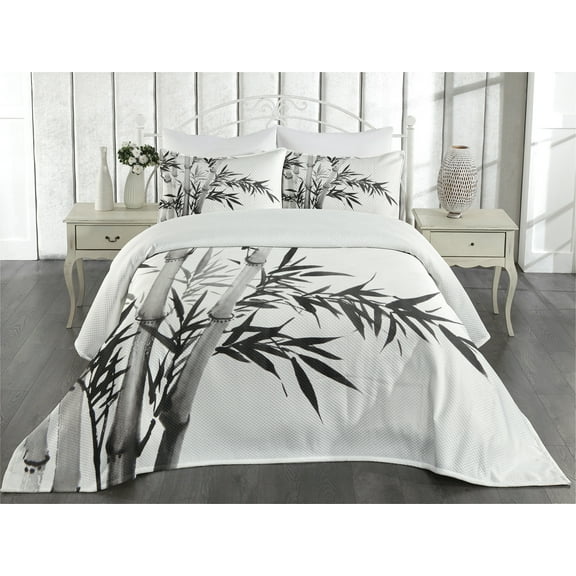 Ambesonne Black White Quilted Coverlet 3 Pcs, Watercolor Tree Branch, Queen Size, Charcoal Grey and White