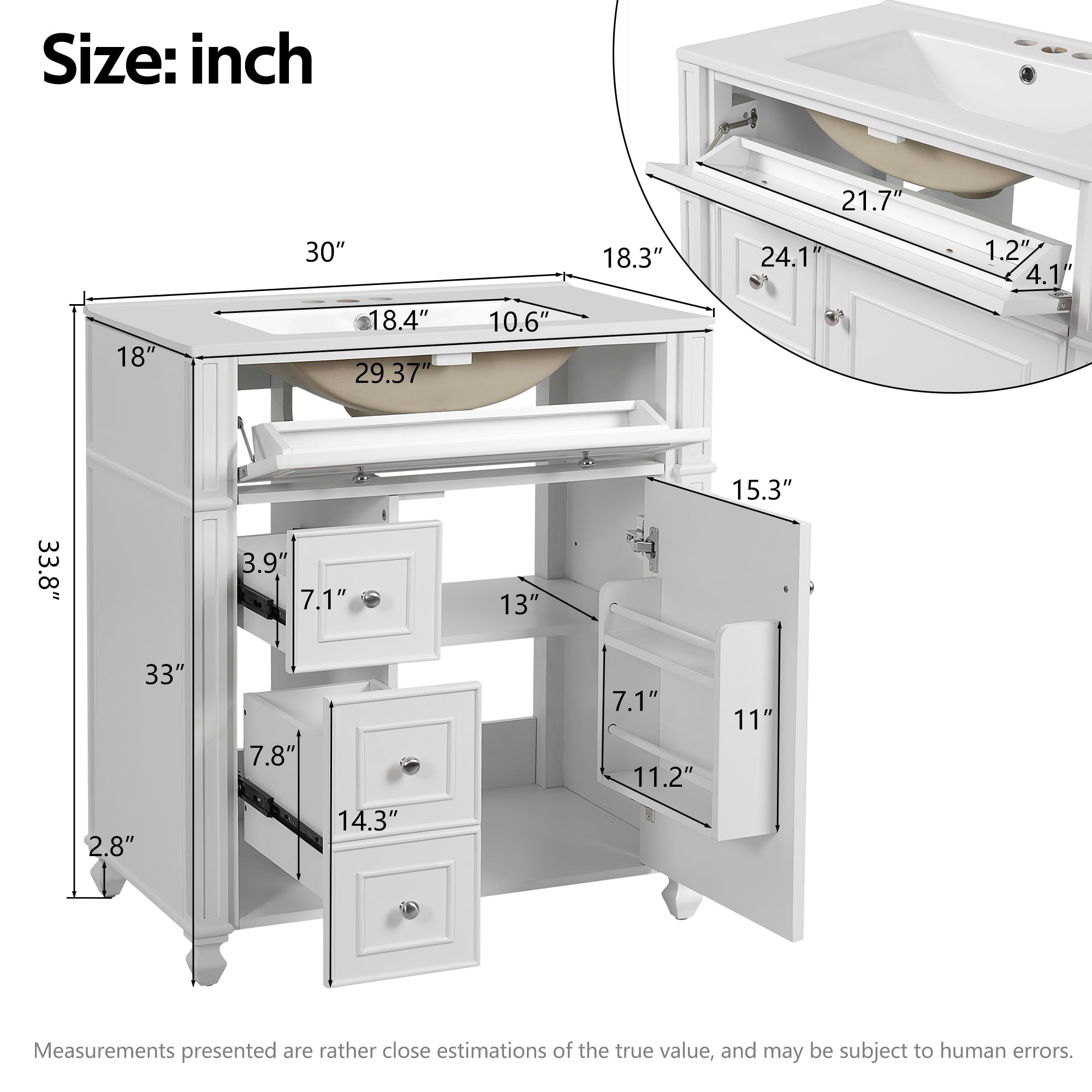 Harper & Bright Designs 30" White Bathroom Vanity with Sink, Freestanding Storage Cabinet with Soft Close Doors, Bathroom Floor Cabinet with Door Organizer