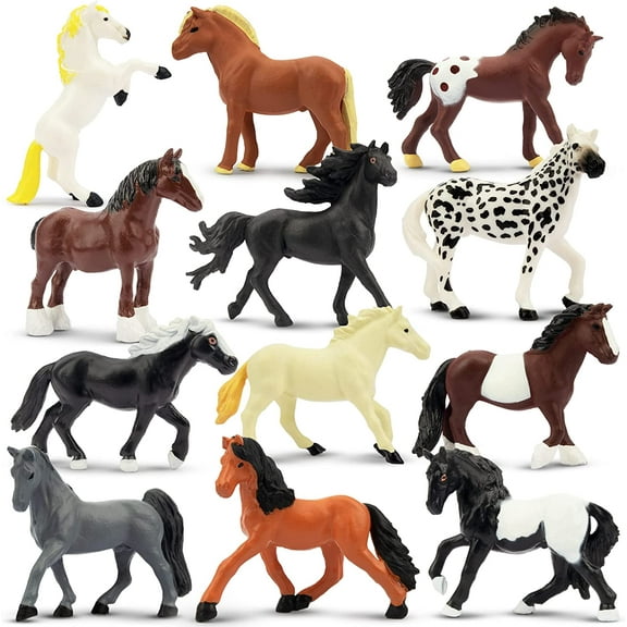 Toymany 12PCS 2-3" Tiny Horse Figurines Toy Set, Plastic Pony Small Foal Figures, Christmas Birthday Gift Cupcake Horse Cake Topper Educational Toy for Kids Toddlers