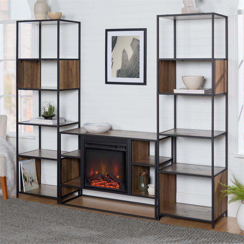 3-Piece Industrial Fireplace TV Stand Set - Rustic Oak ...