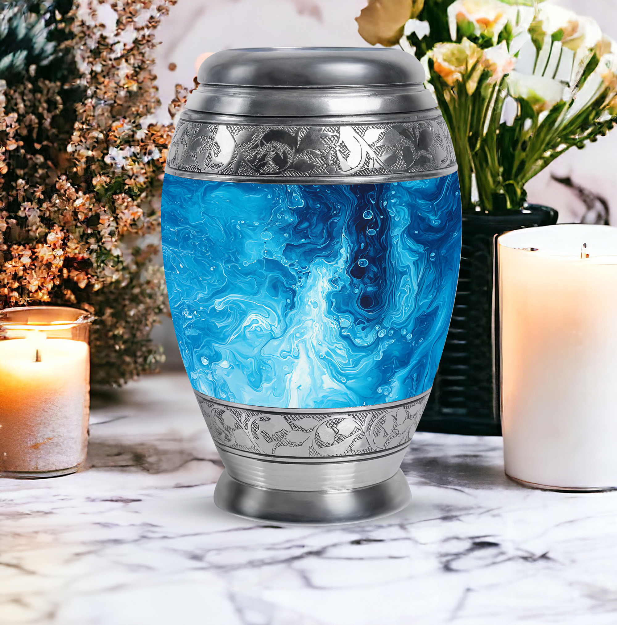 Yatskia Blue Swirl Urns For Human Ashes Adult Female & Male, Burial Urns For Adult Human Ashes, (Monar Large, 10 Inch)