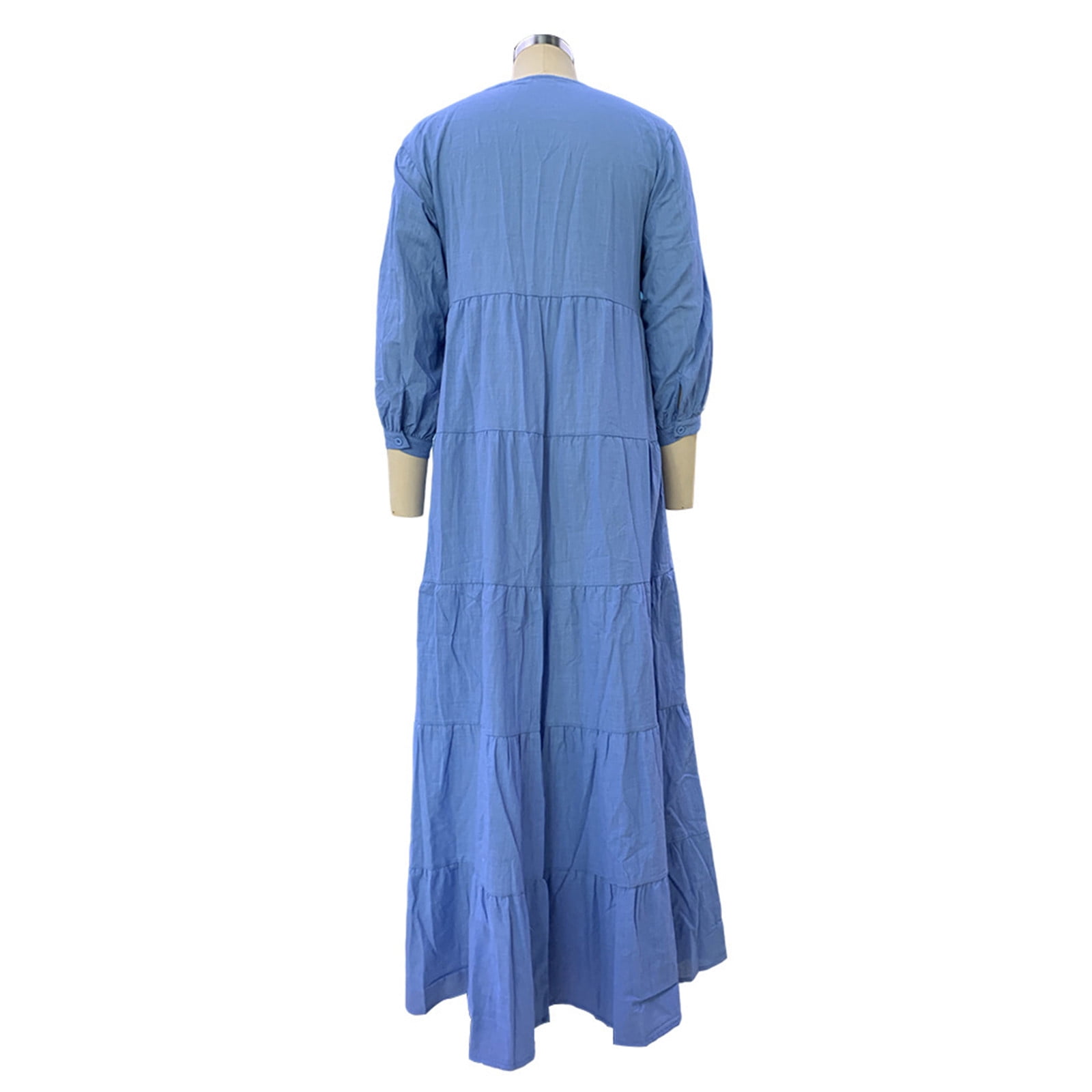 BiZtdJrK Women's Cotton Linen Dress Button Down Long Sleeve V Neck Boho Dresses Casual Pleated Layered Beach Long Dress, Blue, L