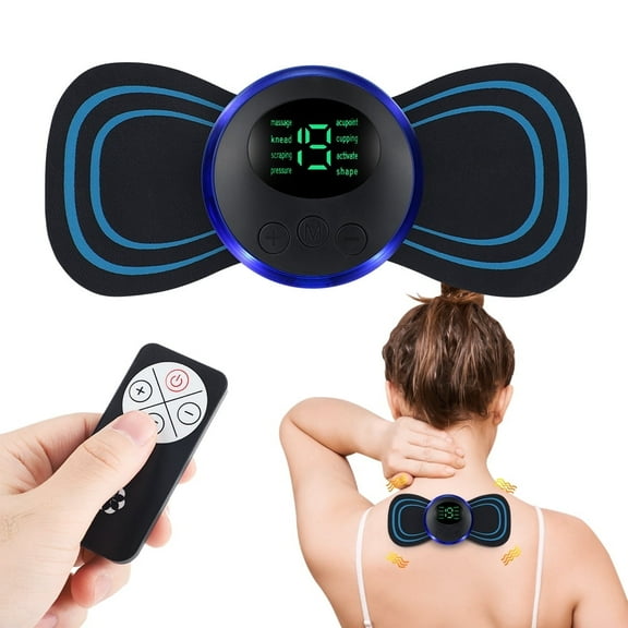 Portable EMS Mini Electric Neck Back Massager，PRemote Control with 8 Modes 19 Levels Adjustable & 5pcs Massage Stickers