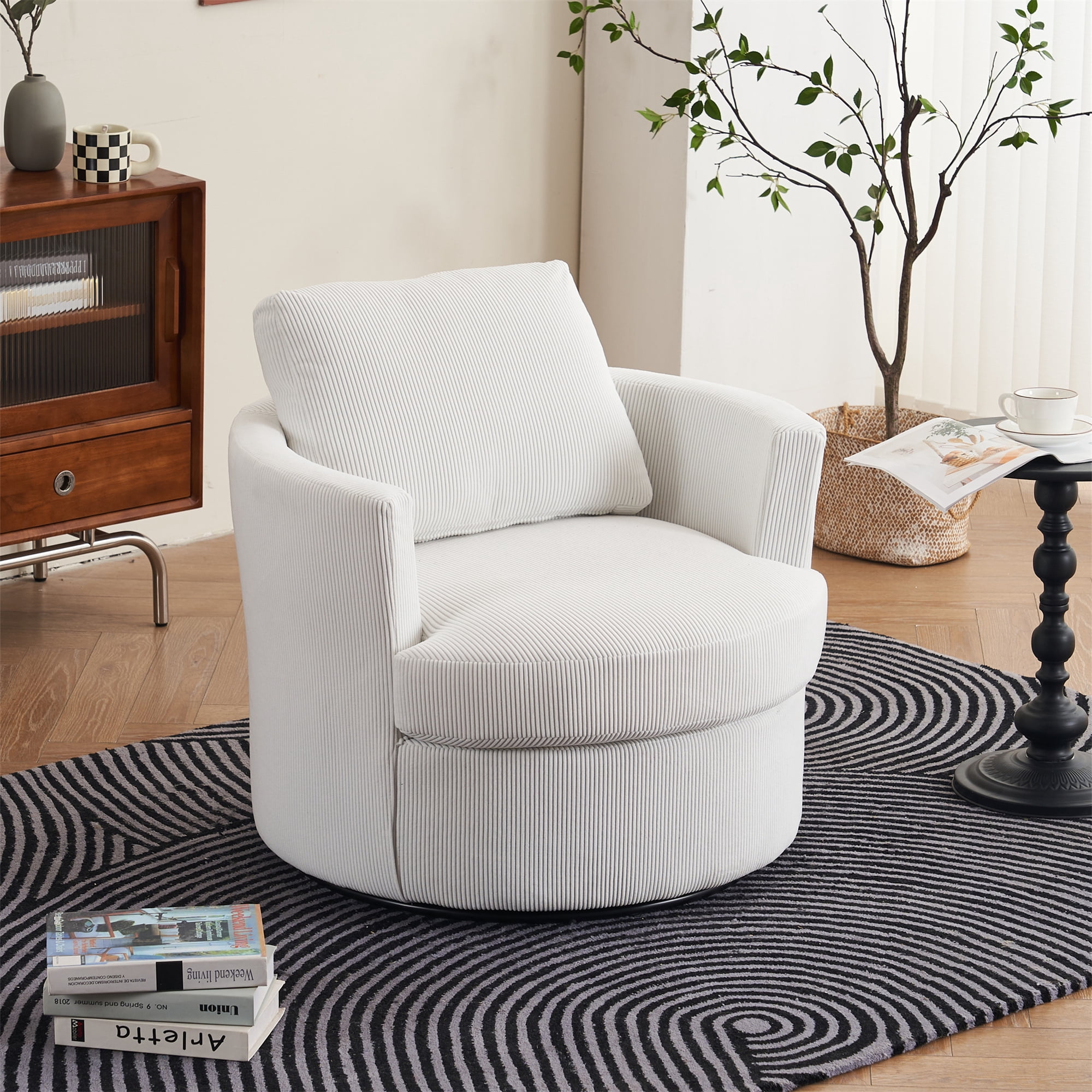 Aukfa 32" Corduroy Swivel Accent Chair Round Barrel Chair for Living Room Bedroom, Beige
