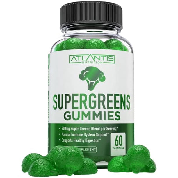 Atlantis Nutrition Supergreens Gummies - Suplemento diario de superalimentos verdes con espinacas, brócoli, moringa, raíz de remolacha, apio, té verde y acai para apoyo inmunológico - Sabor natural a