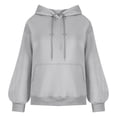 thumbnail image 4 of Womens Hoodies Winter Fall Oversized Hooded Puff Sleeves Bell One Shoulder Drawstring Plain Leisure Cotton Pullover Top(Grey,L), 4 of 6
