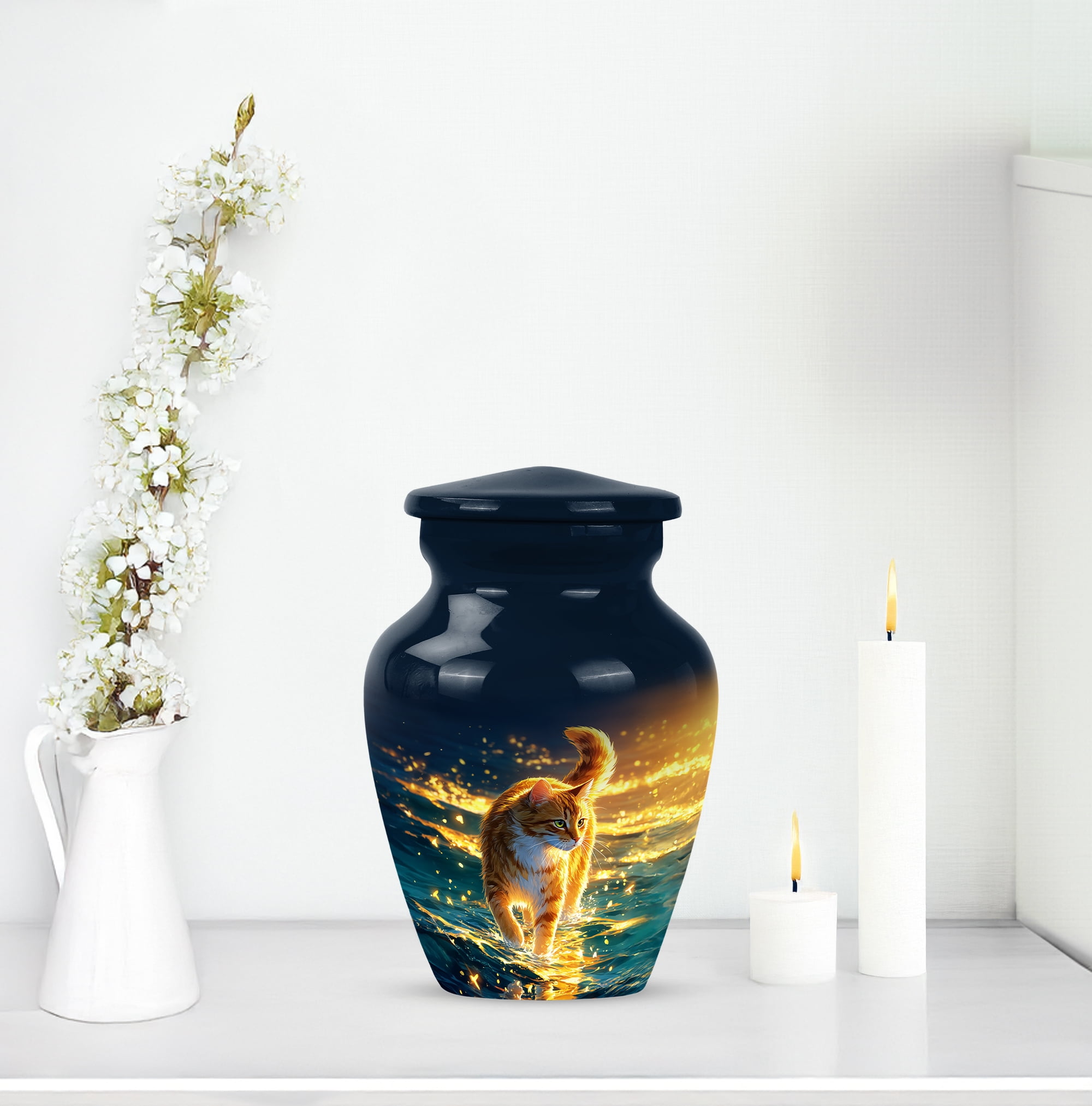 Cat Small Cremation Urns For Adult Human Ashes 3 Inch - Burial Urns For Human Ashes Adult Female Keepsake Remains - Blue Mini Urn For Women & Men - Miniature Urn For Mother And Father