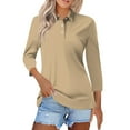 thumbnail image 2 of Womens 3/4 Length Sleeve Polo Shirts Business Work Casual V Neck Collared Tops Button Down Loose Fit Tees Shirts,Khaki XL, 2 of 5