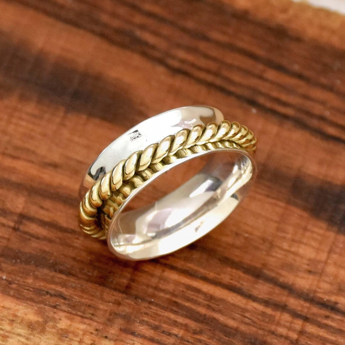 SS DESIGNS Spinner Ring 925 Sterling Silver Narrow Band Twisted Two Tone Rope Design Meditation Anxiety Relief Jewelry Fidget Spinner Band