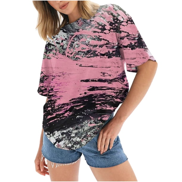Blusa informal de manga corta con estampado de teñido anudado y cuello redondo para mujer OAVQHLG3B Store lin121212