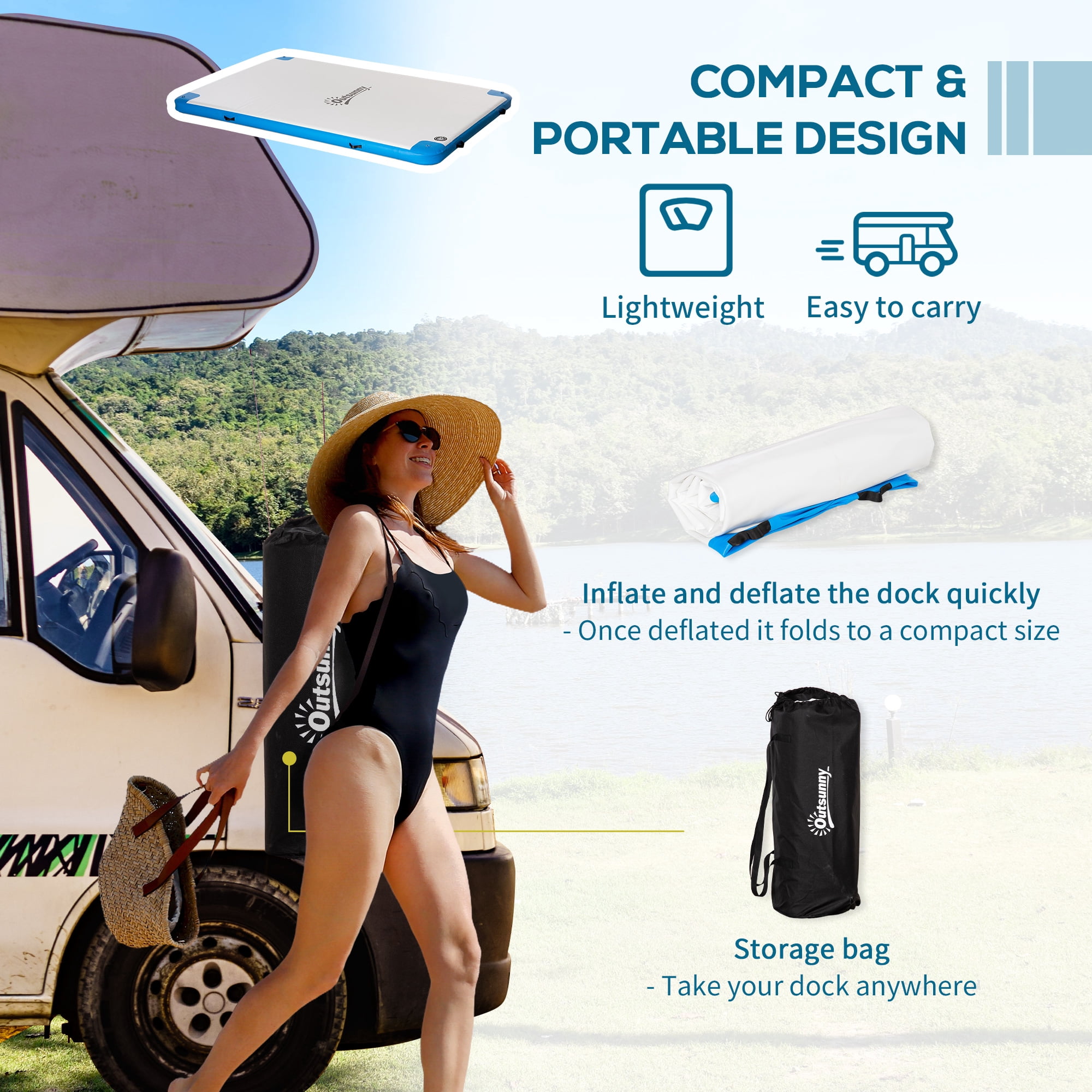 Outsunny 10' x 7' Water Inflatable Floating Dock, Inflatable Platform Island, Large Floating Mat Raft with Air Pump & Backpack, for Pool, Beach, Ocean, White