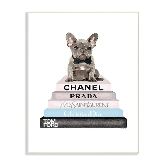 The Stupell Home Decor Grey Blue and Black Fashion Bookstack with Grey Frenchie Puppy Wall Plaque Art