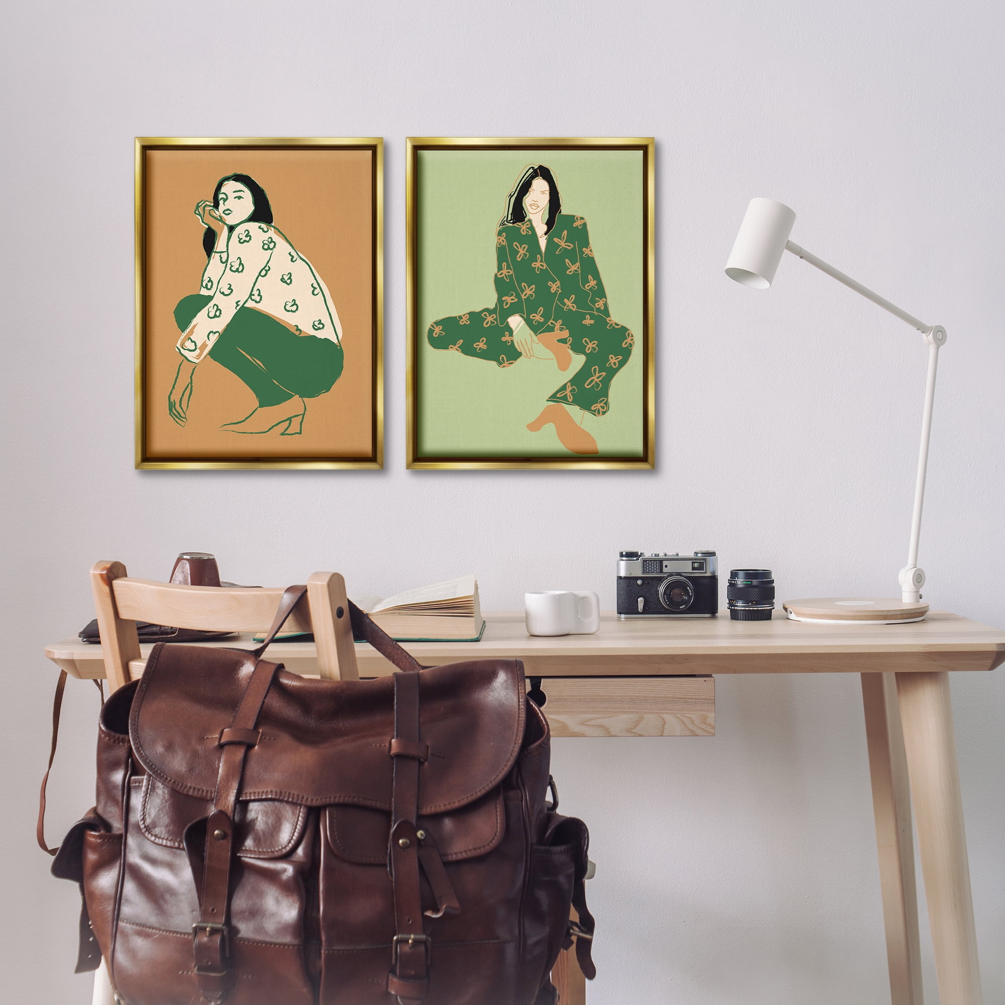 Stupell Industries Woman Stooping Sitting Pose People Painting Gold Floater Framed Canvas Art Print Wall Art, 17 x 25, Set of 2