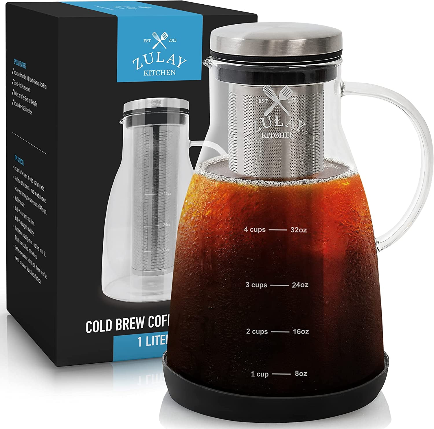 1.3L / 44oz Heavy-Duty Glass Pitcher with Easy To Clean Reusable Mesh Filter Protective No Slip Base Dishwasher Safe Iced Coffee and Tea Brewer Cold Brew Coffee Maker By Coffee Bear 