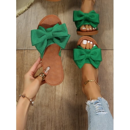 

ASWMXR Preppy Slide Sandals For Women Bow Decor Single Band Flat Sandals