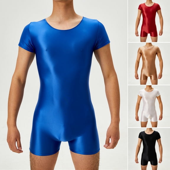 sunsanly Men Romper Smooth Glossy Surface Highly Elastic Skinny Short Sleeves Solid Color O Neck Tight Fit Fitness Nightclub Playsuit Slim Fit Top