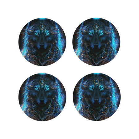 

Tebeau Cool Blue Light Wolf Print Set of 4 Leather Drink Coasters Round Cup Mat Pad for Home and Kitchen Use 4 -Round Shape