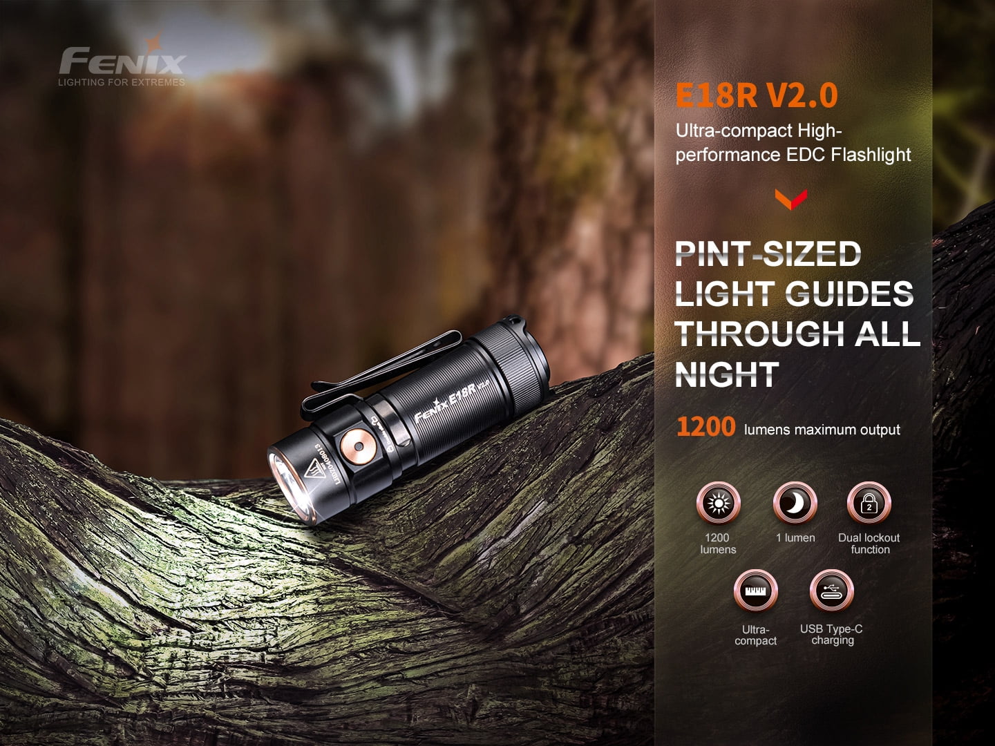 Fenix E18R v2.0 1200 Lumen Rechargeable EDC Flashlight with LumenTac Battery Organizer