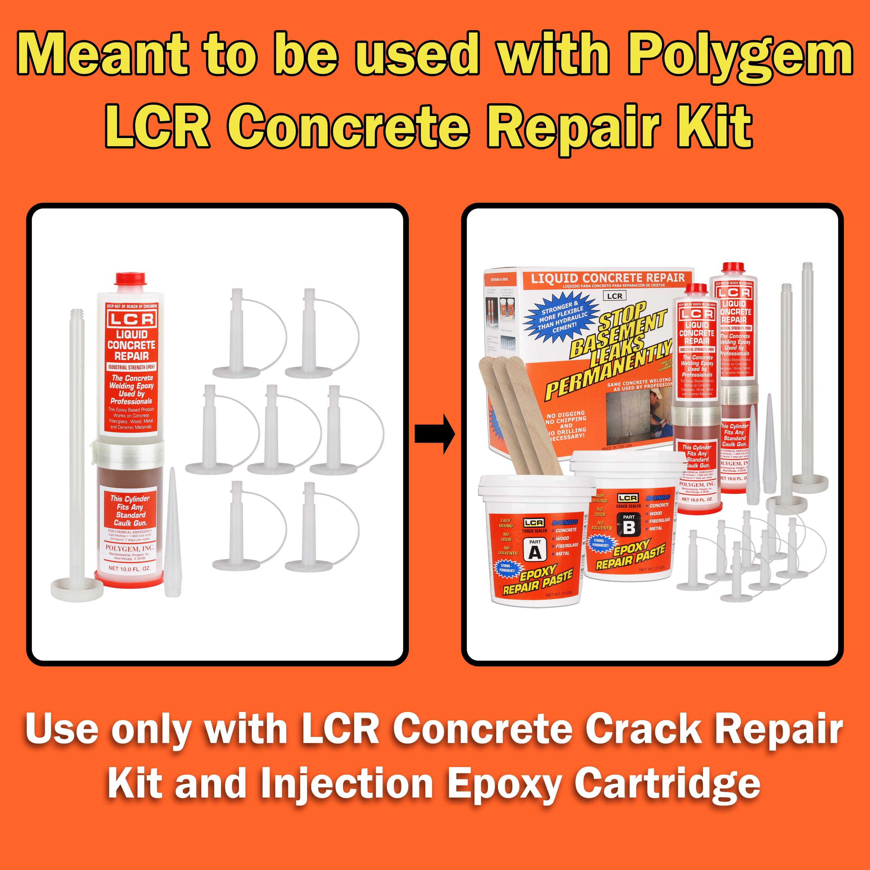 Polygem LCR Concrete Crack Repair Epoxy Injection Bundle, 10 oz 2-Part Cartridge with 7 White Surface Ports, for Foundation & Basement Cracks