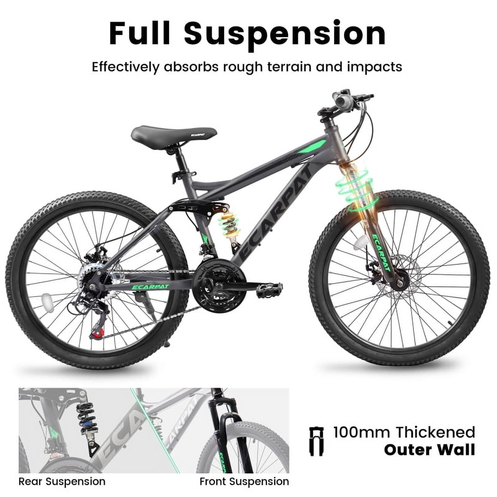 24 Inch Mountain Bike Full Suspension 21-Speed Grip Shifters High Carbon Steel Frame Mechanical Disc Brakes Unisex for Adults