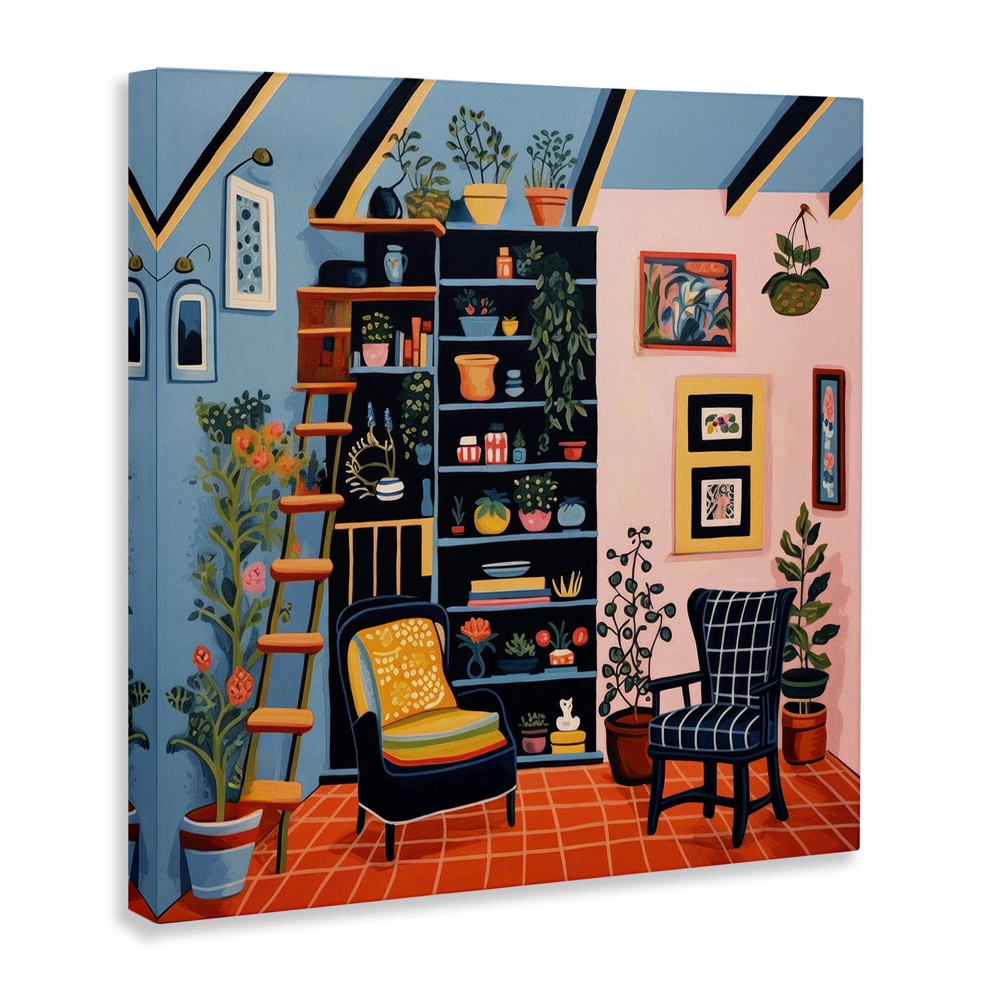 Stupell Industries Bookshelf Scene & Plants Furniture Painting Wrapped Canvas Art Print Wall Art, 17 x 17