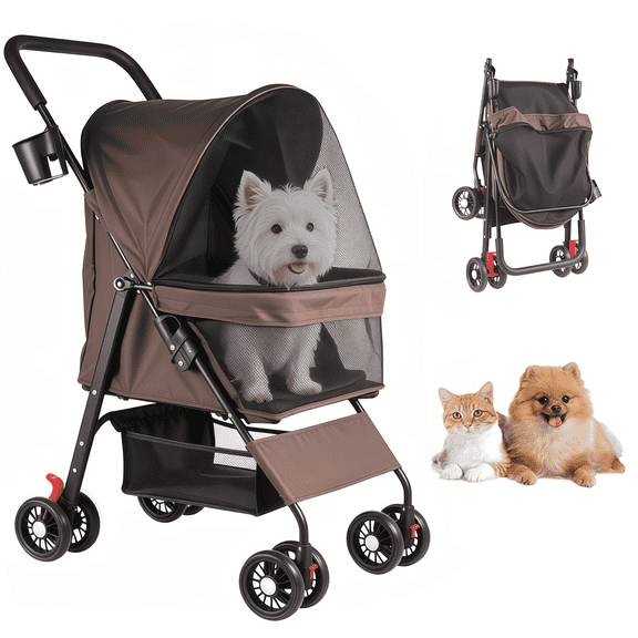 Foldable Pet Stroller with Weather Cover, Storage Basket, Cup Holder and Breathable Mesh for Dogs up to 30lbs, Brown