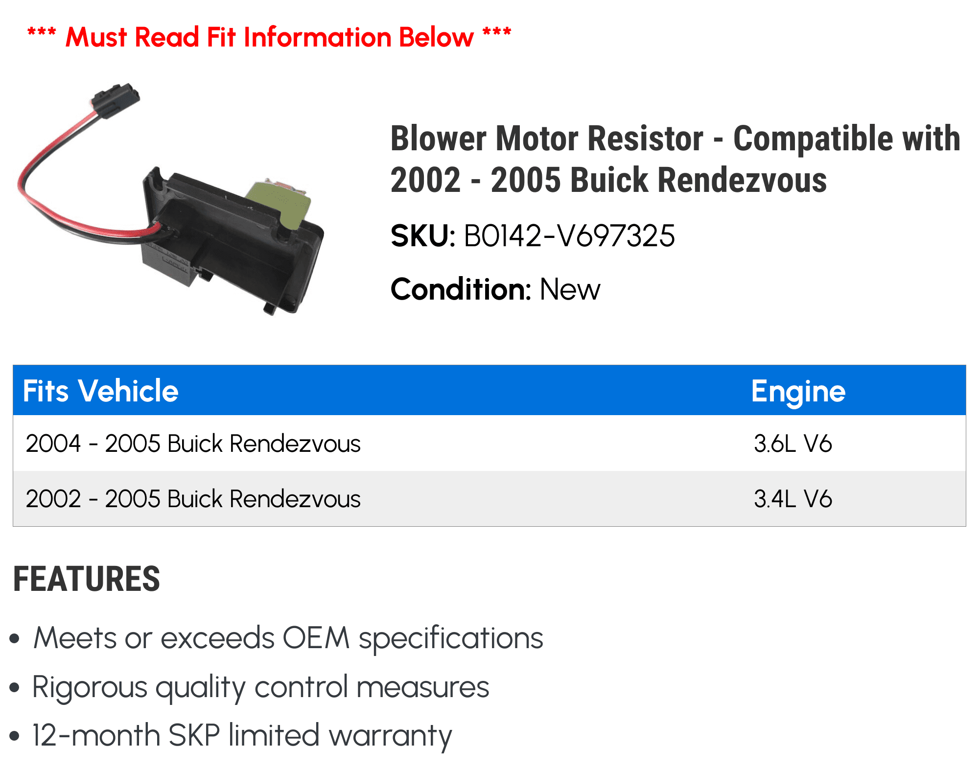 Blower Motor Resistor - Compatible with 2002 - 2005 Buick Rendezvous 2003 2004