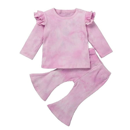 

U·nikaka Toddler Baby Girls Suit Tie Dye Long Sleeve Top & Pants Flying Sleeve Flared Pants Clothing Set 1-5 Years
