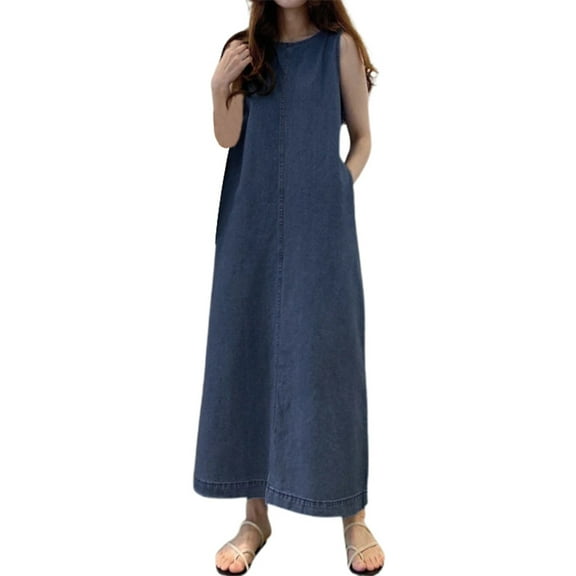 HJYCHN Long Sleeveless Pocket Boho Denim Maxi Dress Round Neck Loose Fit Women's Bohemian Style BU2 L
