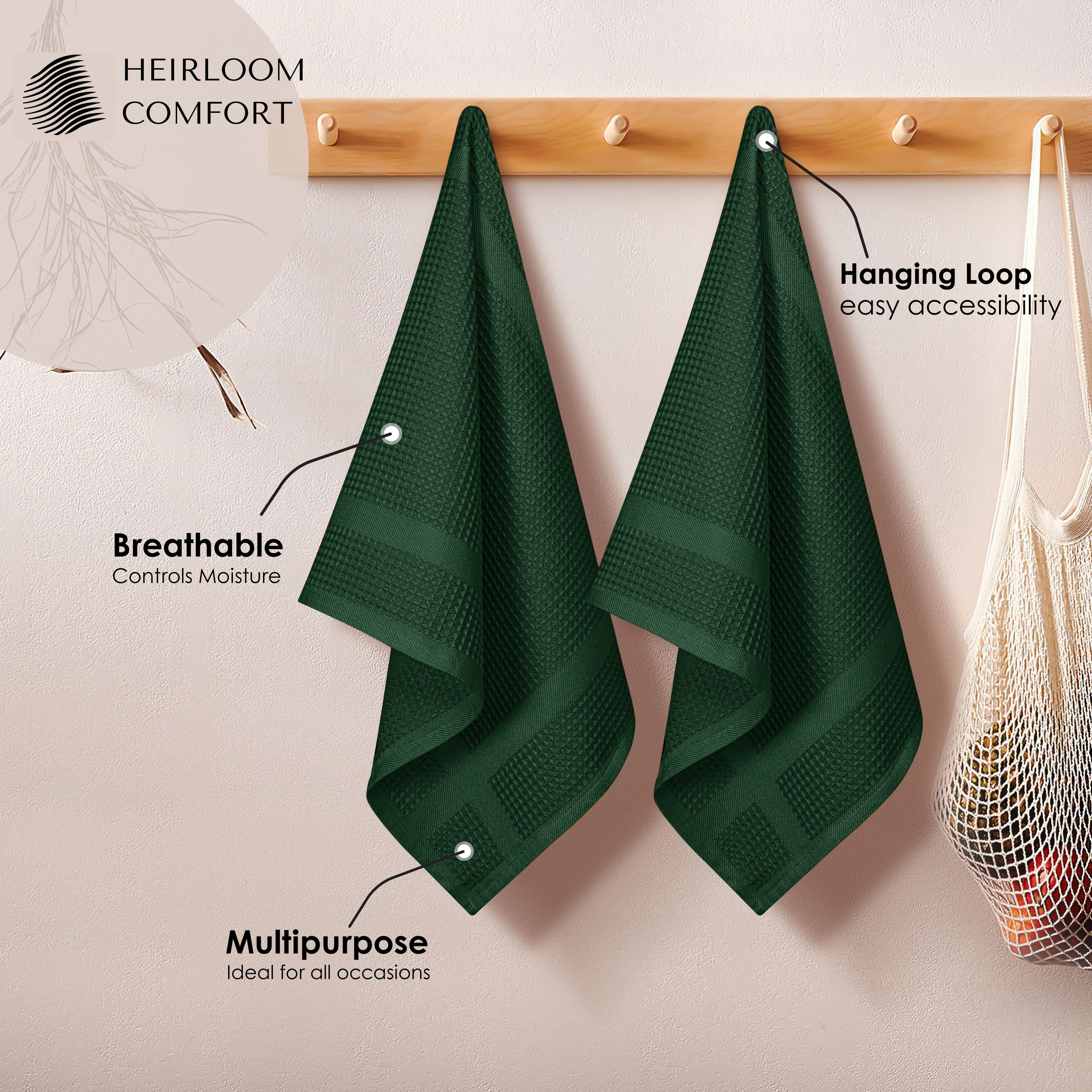 HEIRLOOM COMFORT 3 Pack Waffle Weave Kitchen Towels, 16x26 Inch, 100% Cotton, Absorbent Dishcloth Set, Quick Dry, Soft for Cleaning, Wiping, Hand Towels, Dish Rags, Wash Cloth, Durable, Forest Green