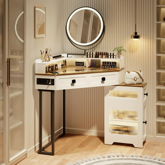 Aukfa Makeup Vanity Table with Mirror and Lights, Vanity Desk with Drawers and Shelves, White