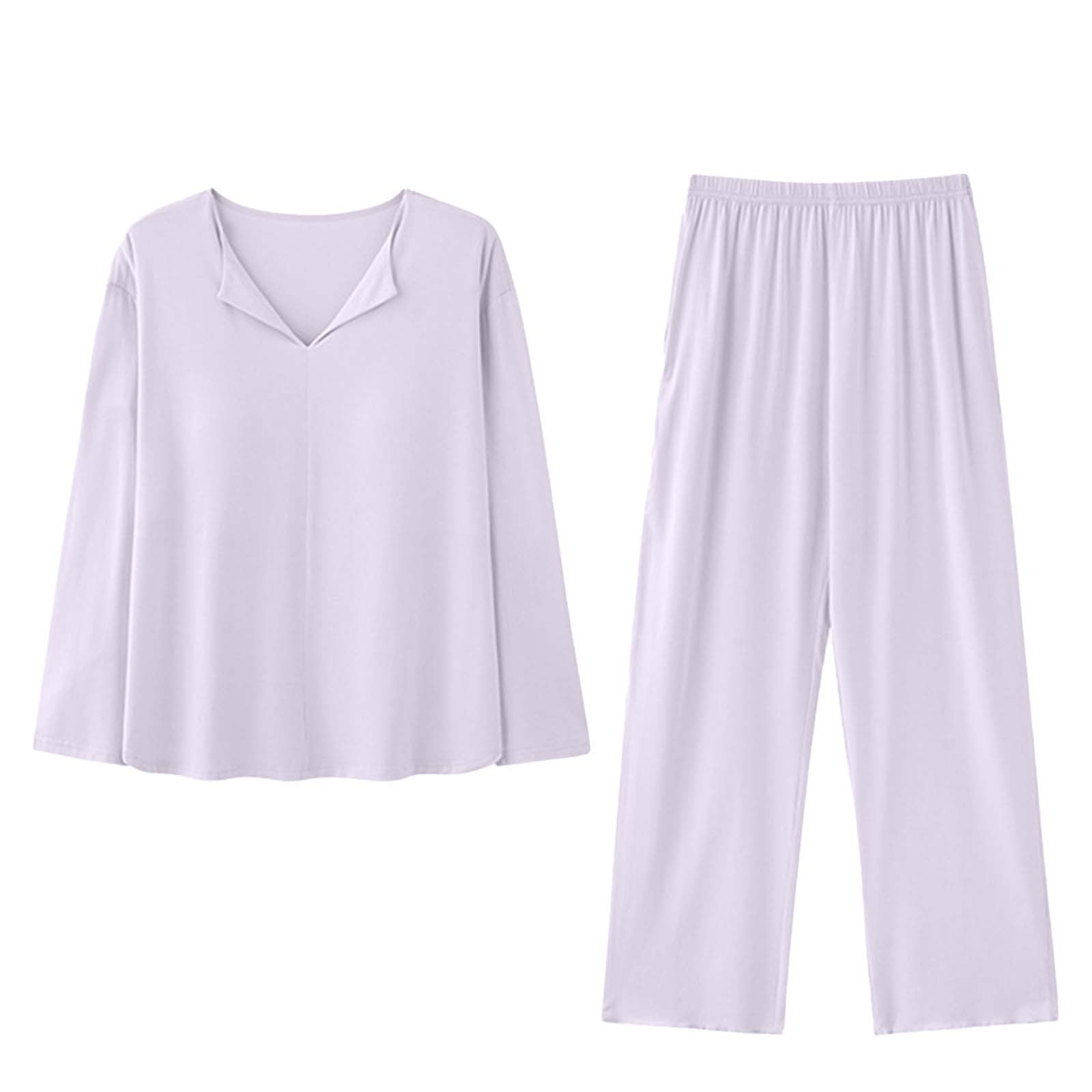 Oalirro Pajamas for Women Set 2 Piece Solid Color Soft Long Sleeve Pjs Pullover Top with Pants Breathable Loungewear Home Pajama Sets