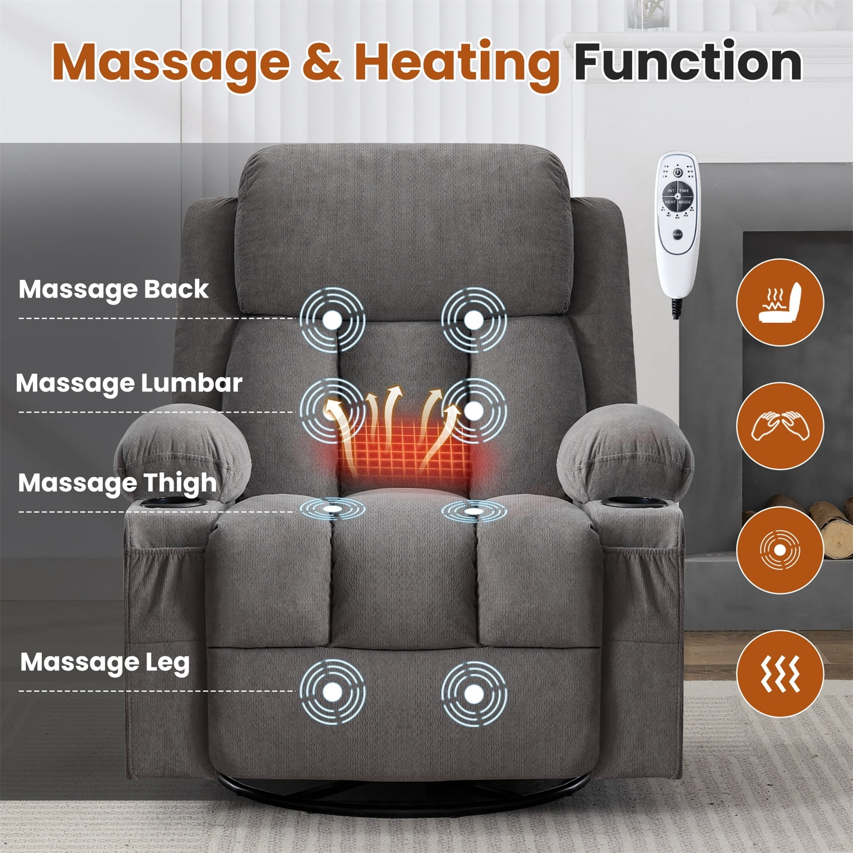 Alvantor Swivel Recliner Chair with Massage & Heat for Adults, Single Rocker Sofa with Cup Holders for Bedroom Home Theater Gray