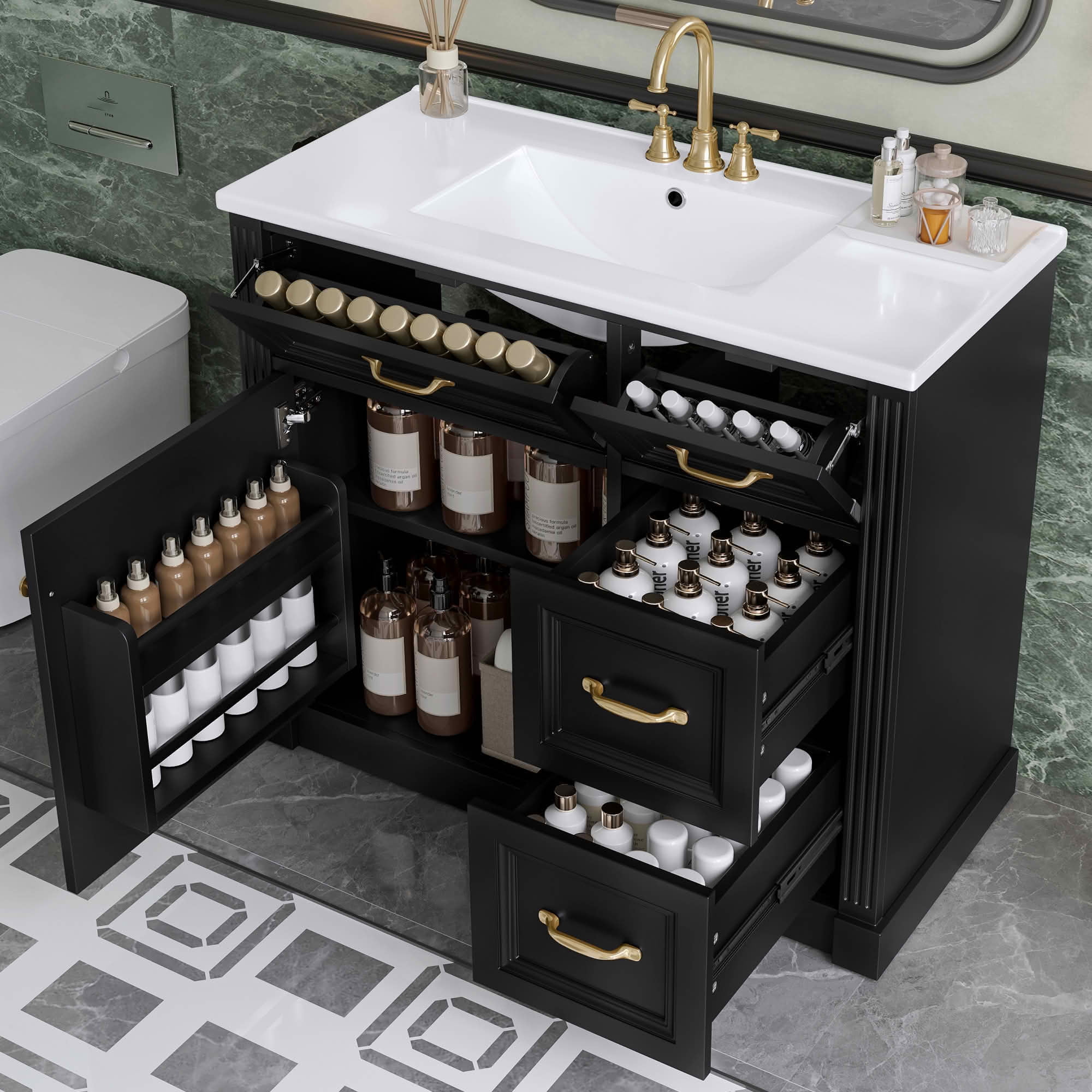 MAYEERTY 36" Bathroom Vanity with Sink 4 Drawers Soft-Close Door Adjustable Shelf Ceramic Basin Black