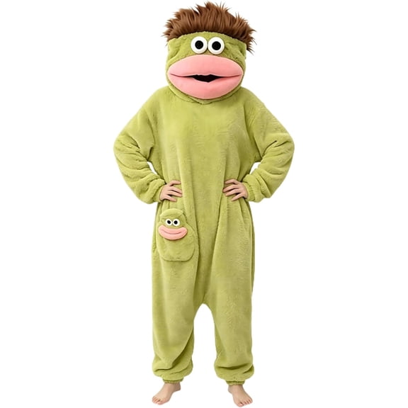 Goofy Green Big Mouth Monster Onesie Pajamas for Adults, Coral Fleece One Piece Sleepwear, Cartoon Cosplay Costume