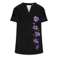 thumbnail image 3 of 2025 Women's Linen Floral Print Blouse - Notched V Neck Loose Tunic Plus Size Top, L, Black, 3 of 3