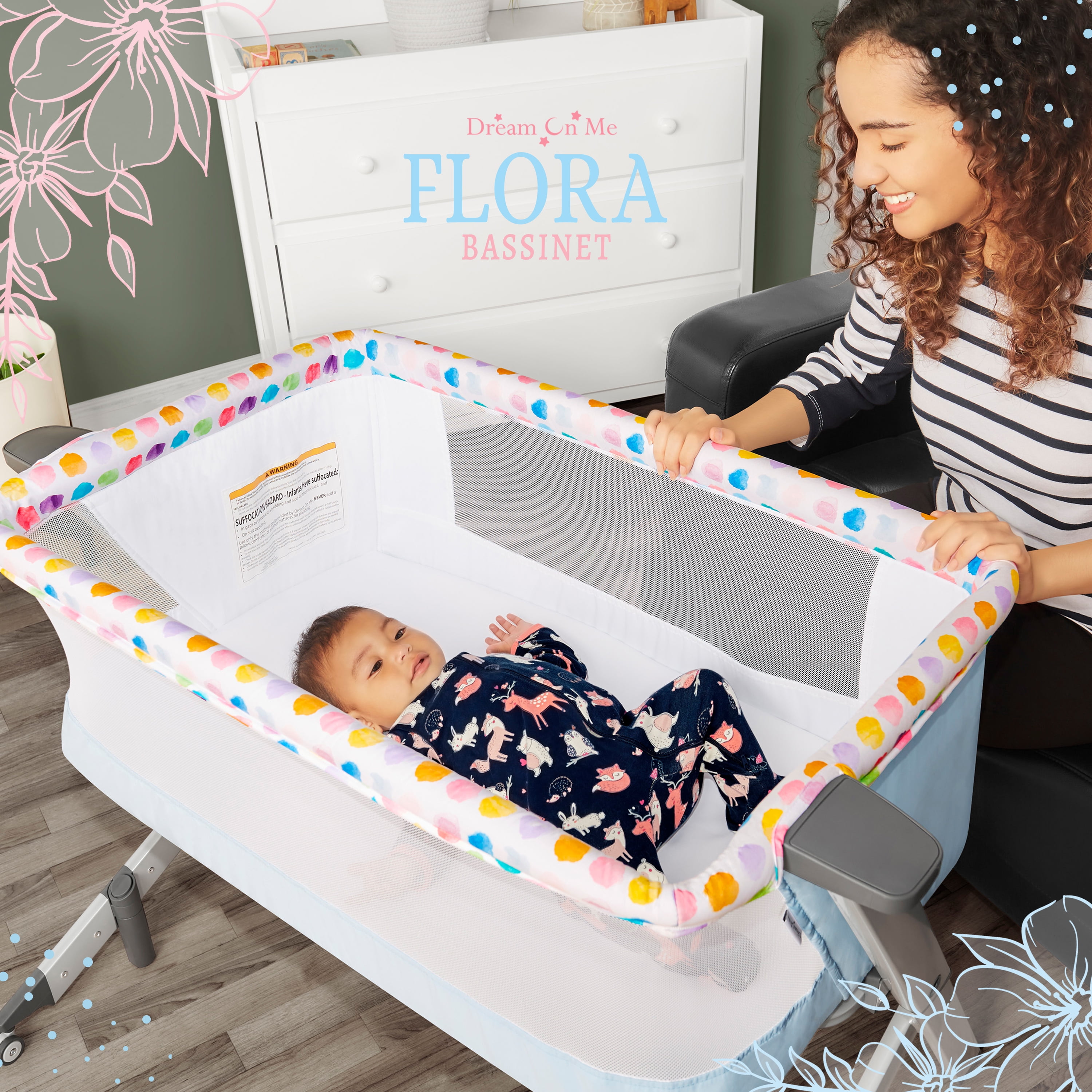 Dream On Me Flora Bassinet with Carry Bag , Compact & Modern, Confetti Blue