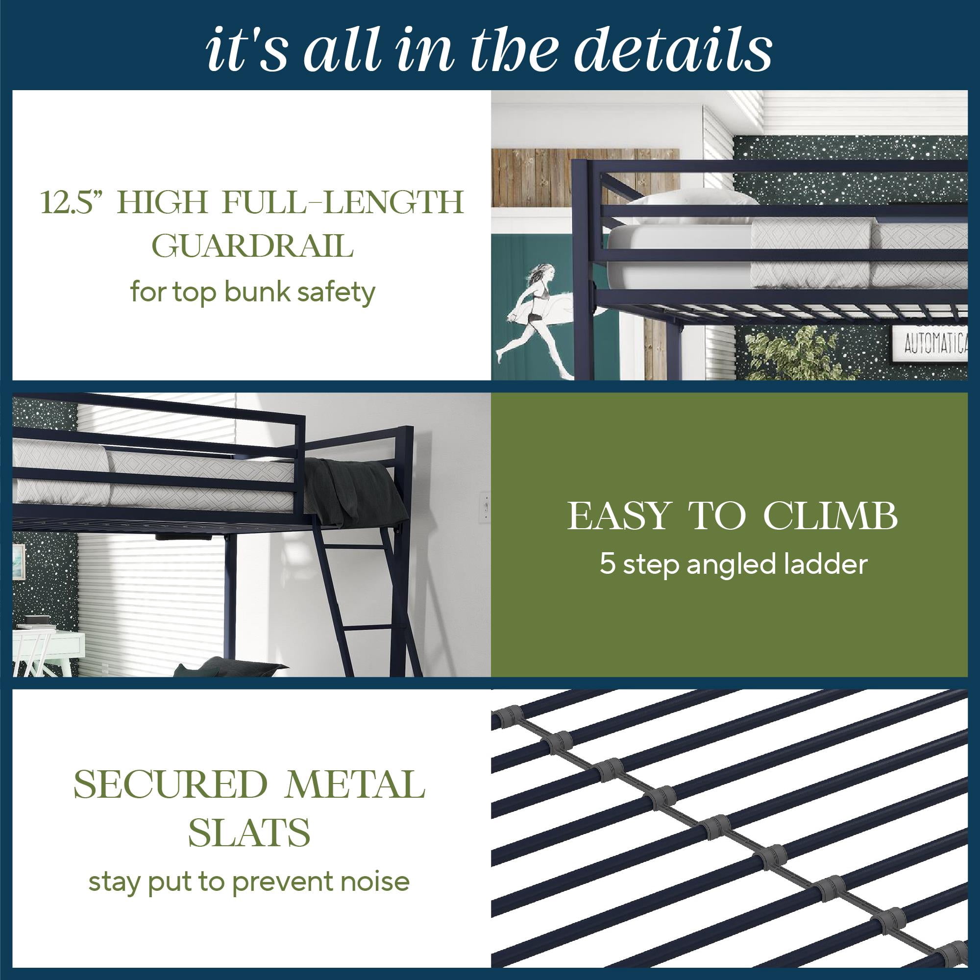 Novogratz Maxwell Twin-Over-Twin Metal Bunk Bed with Ladder and Guardrails, Easy Assembly, Navy Blue