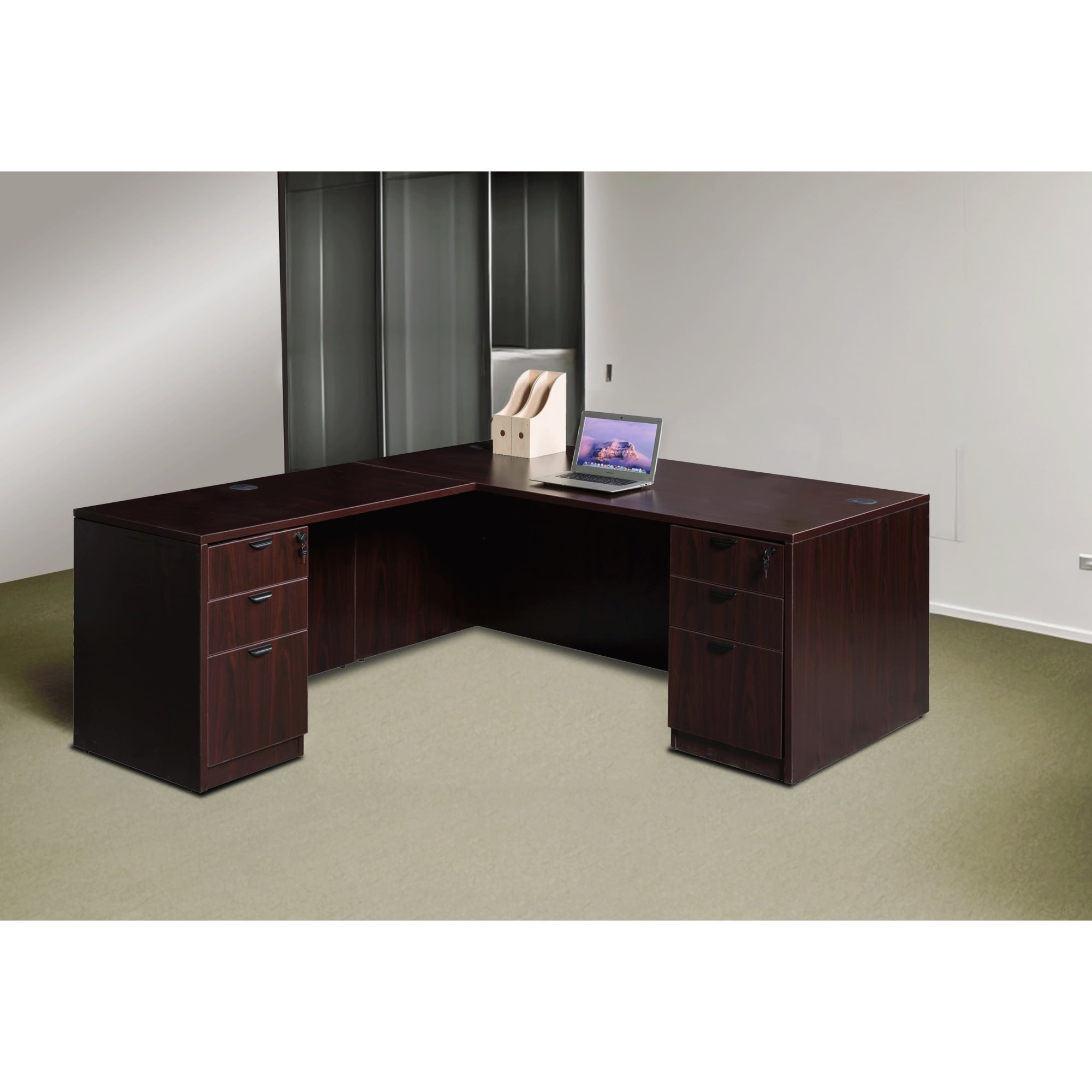 Boss Office Products 71 Inch Executive L-Shape Corner Desk with Dual Box/Box/File Storage Pedestals, Mahogany