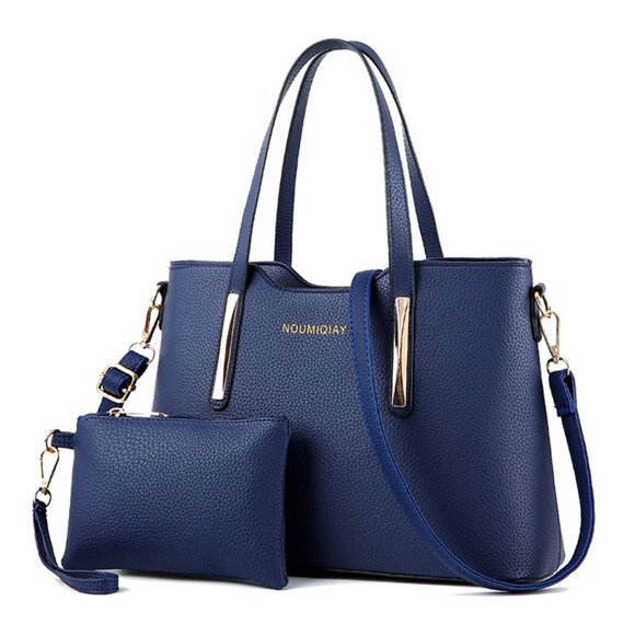 KAKOWELY 2pcs Womens Leather Shoulder Bag Top-handle Handbags Tote Purse Bags For Girls Office Ladies (Navy Blue),13.39"X4.72"X9.06"