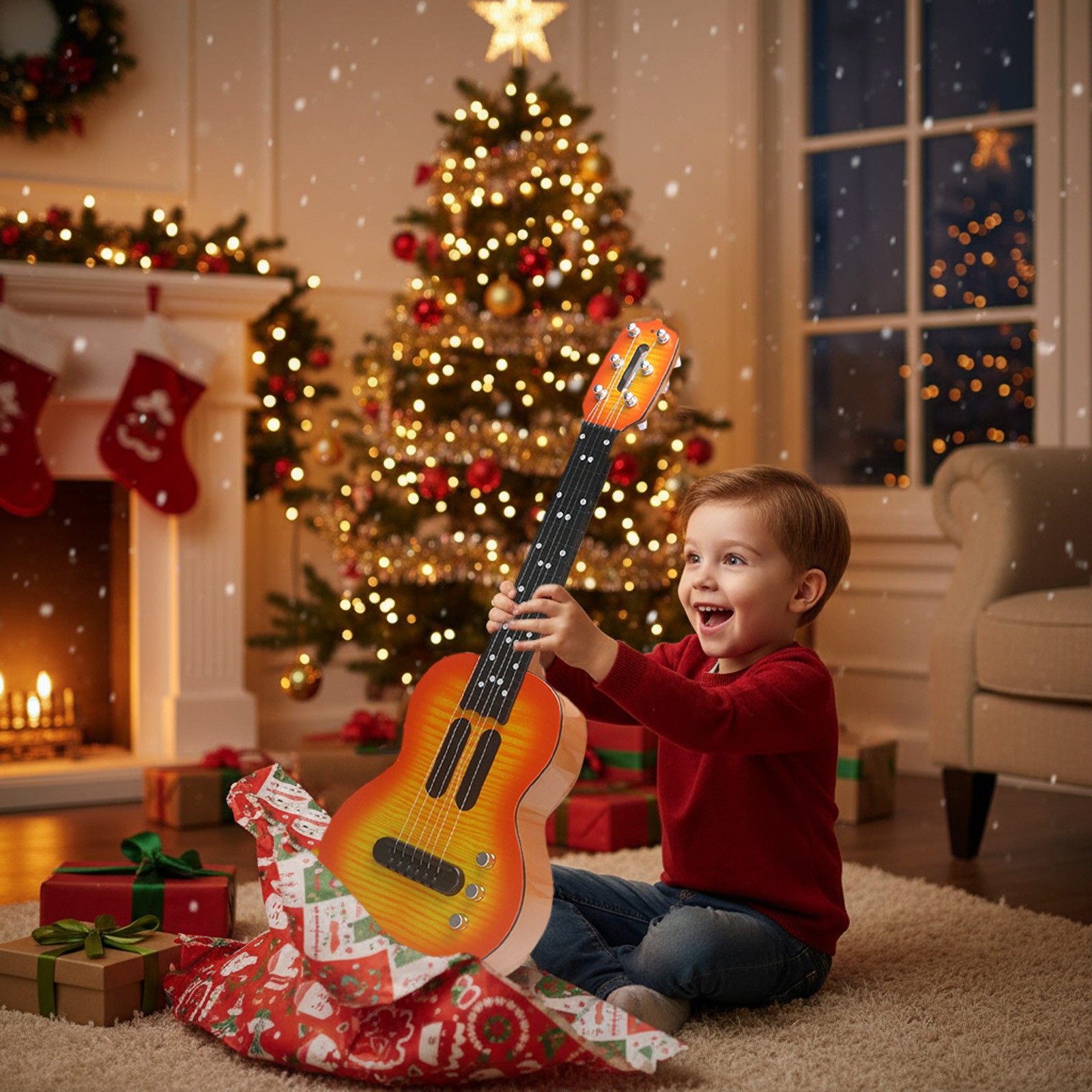 Kids Electric Guitar Toy Simulation Ukulele with Touch Sensitive Strings Adjustable Tuning Pegs Educational Musical Instrument for Children(Brown)