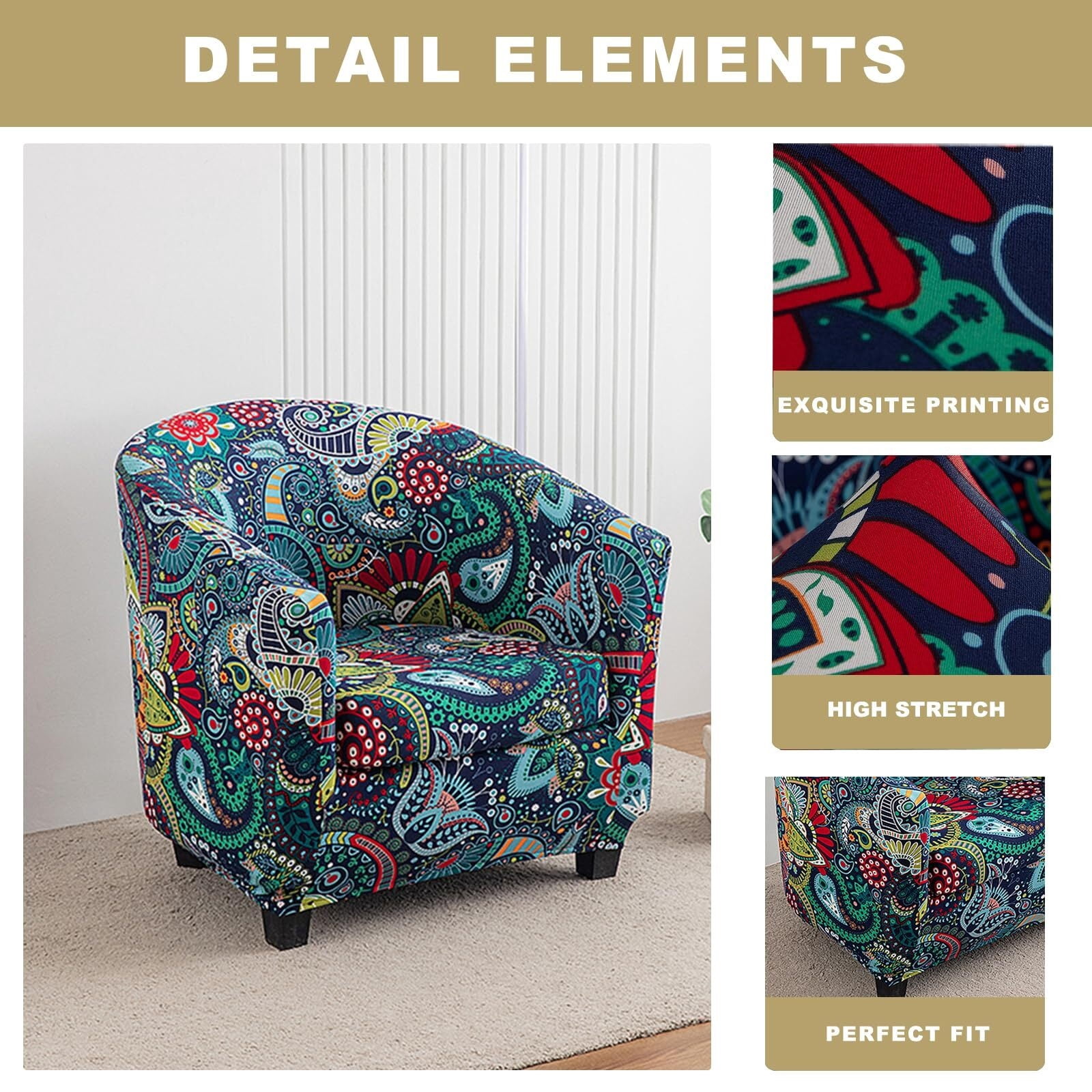 LKJYER Club Chair Slipcover 2 Piece Tub Chair Slipcover Stretch Barrel Chair Covers Printed Armchair Covers Removable Sofa Cover Couch Furniture Protector Arm Chair Cover for Living Room