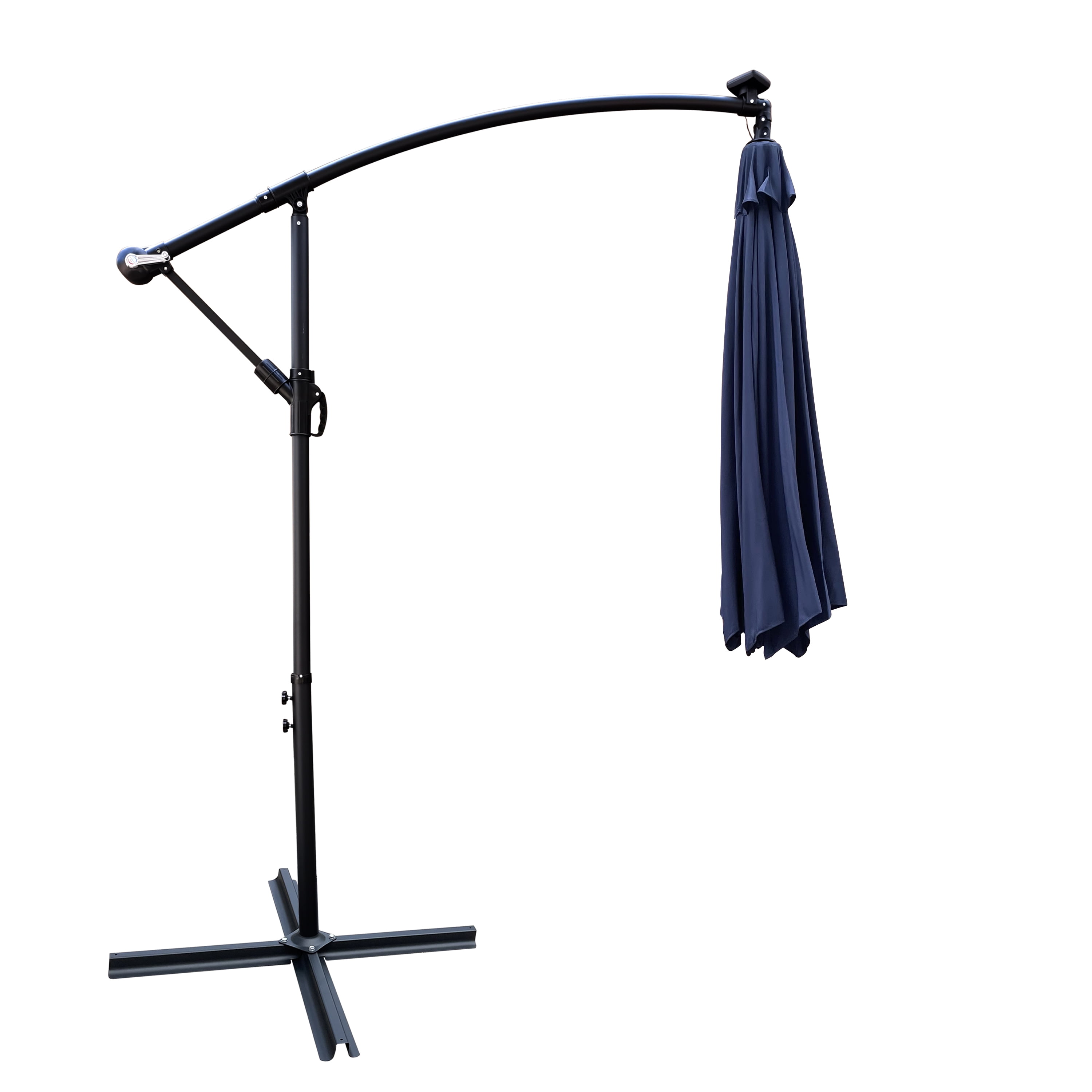 10 FT Round Outdoor Patio Umbrella, Solar LED Lighted Waterproof Sun Shade Umbrella with Stable Base, Navy Blue