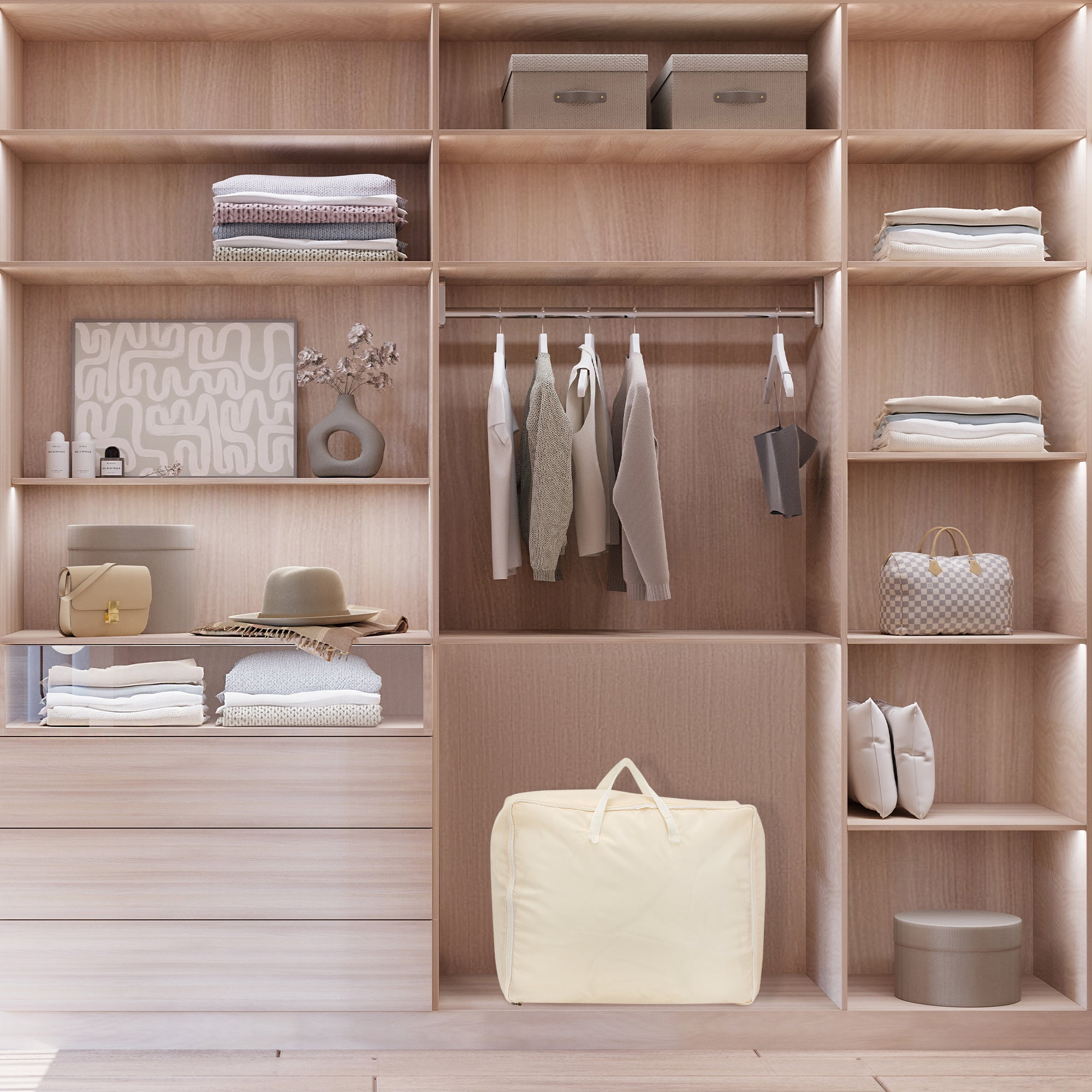 Unique Bargains Foldable Clothes Storage Bags with Handles Beige 23.5*19.5*11in
