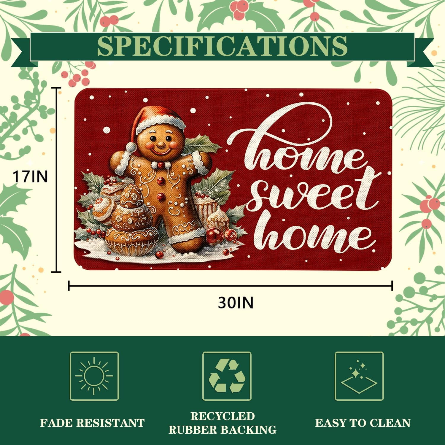 Christmas Door Mat 17x29 Inch Home Sweet Home Doormat Decorative Outdoor Winter Christmas Gingerbread Decoration Indoor Outdoor Entrance Floor mat, Non Slip Welcome Party Decor