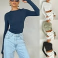 thumbnail image 5 of Womens Thumbhole Long Sleeve Round Neck Slim Fitted Crop Top Solid Color Bodycon Basic Short Pullover T-Shirt Blouse, 5 of 19
