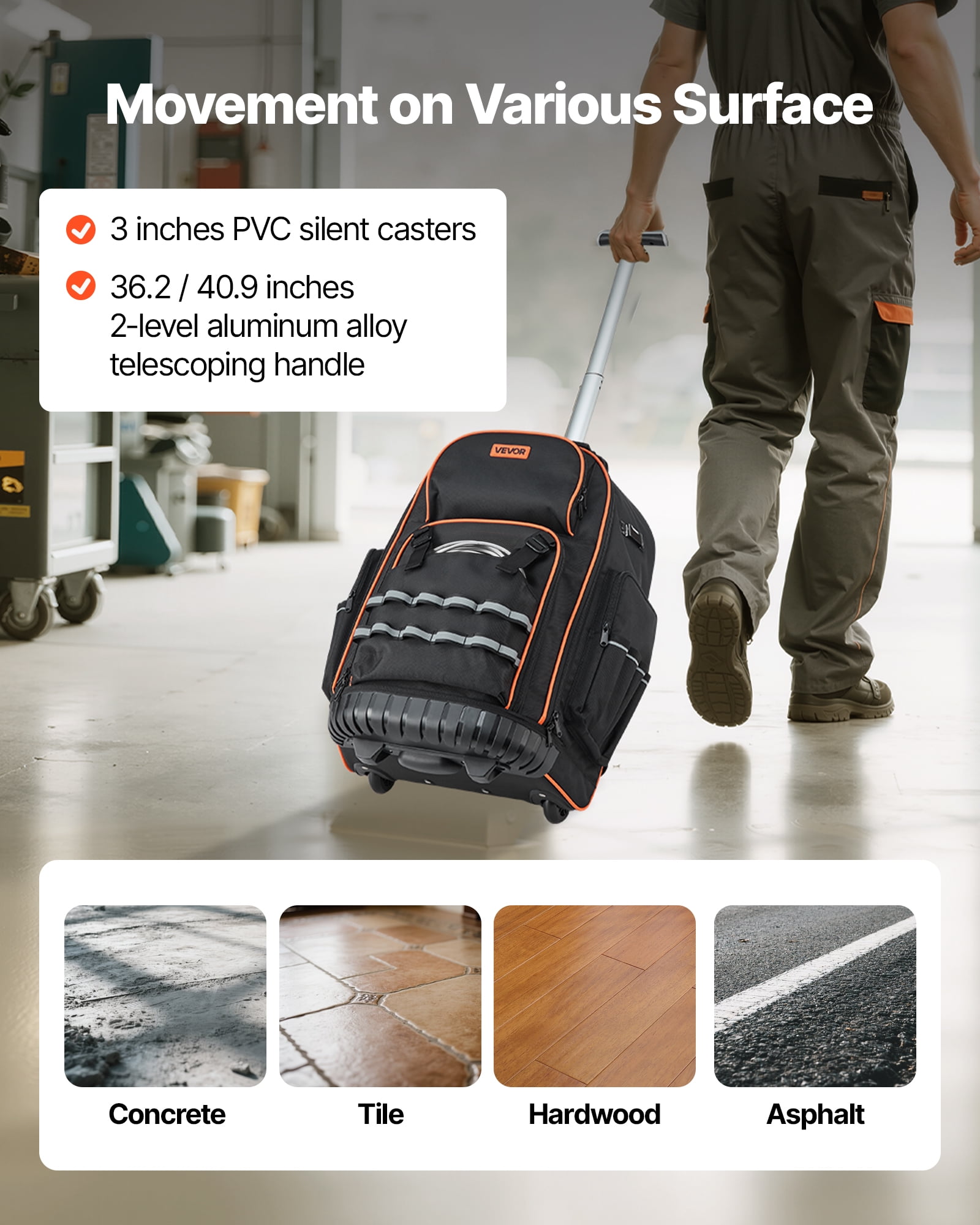 VEVOR Rolling Tool Backpack, 110 lbs Load Capacity, 72 Pockets Heavy Duty Roller Tool Bag on Wheels, Adjustable Telescoping Handle & Stable Base, Toolbag Organizers for Construction, Mechanic