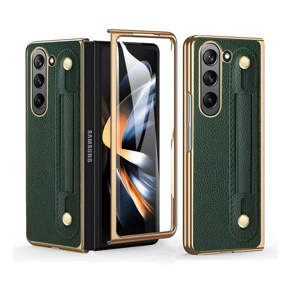 Haobuy Compatible with Samsung Galaxy Z Fold 5 Leather Case with Screen Protector Wristband All-inclusive Business Case-Green